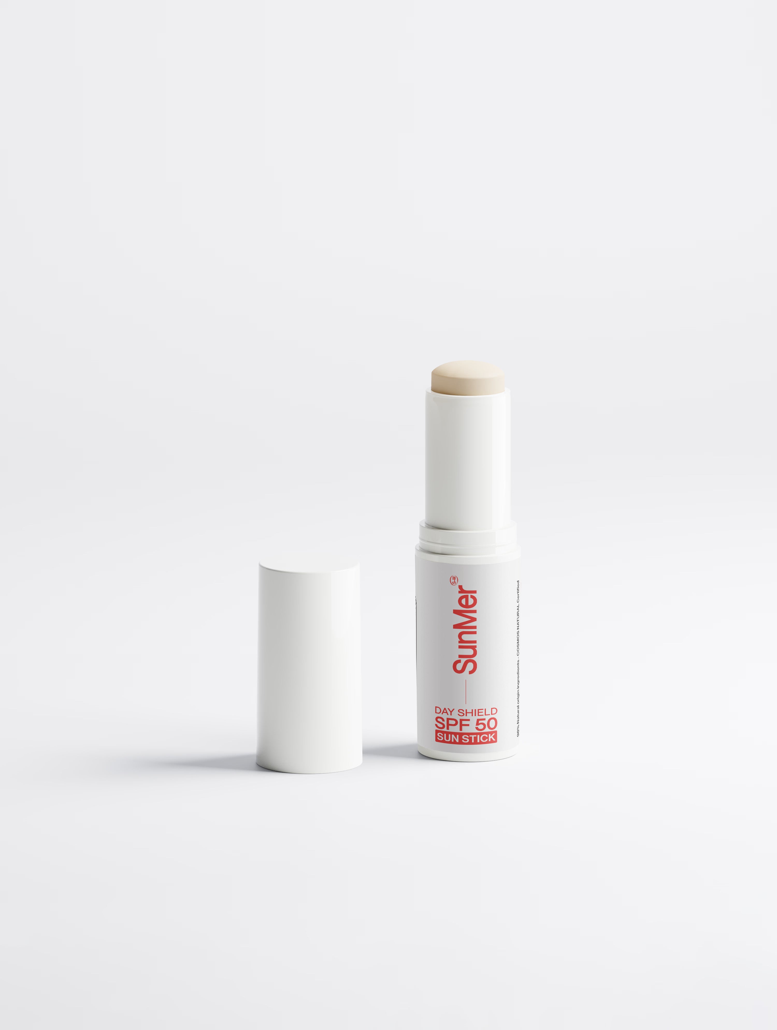 Sunscreen stick with 'SunMer' branding on a white background. SunMer Day Shield High-Performance SPF50 Sun Stick — COSMOS Natural Certified