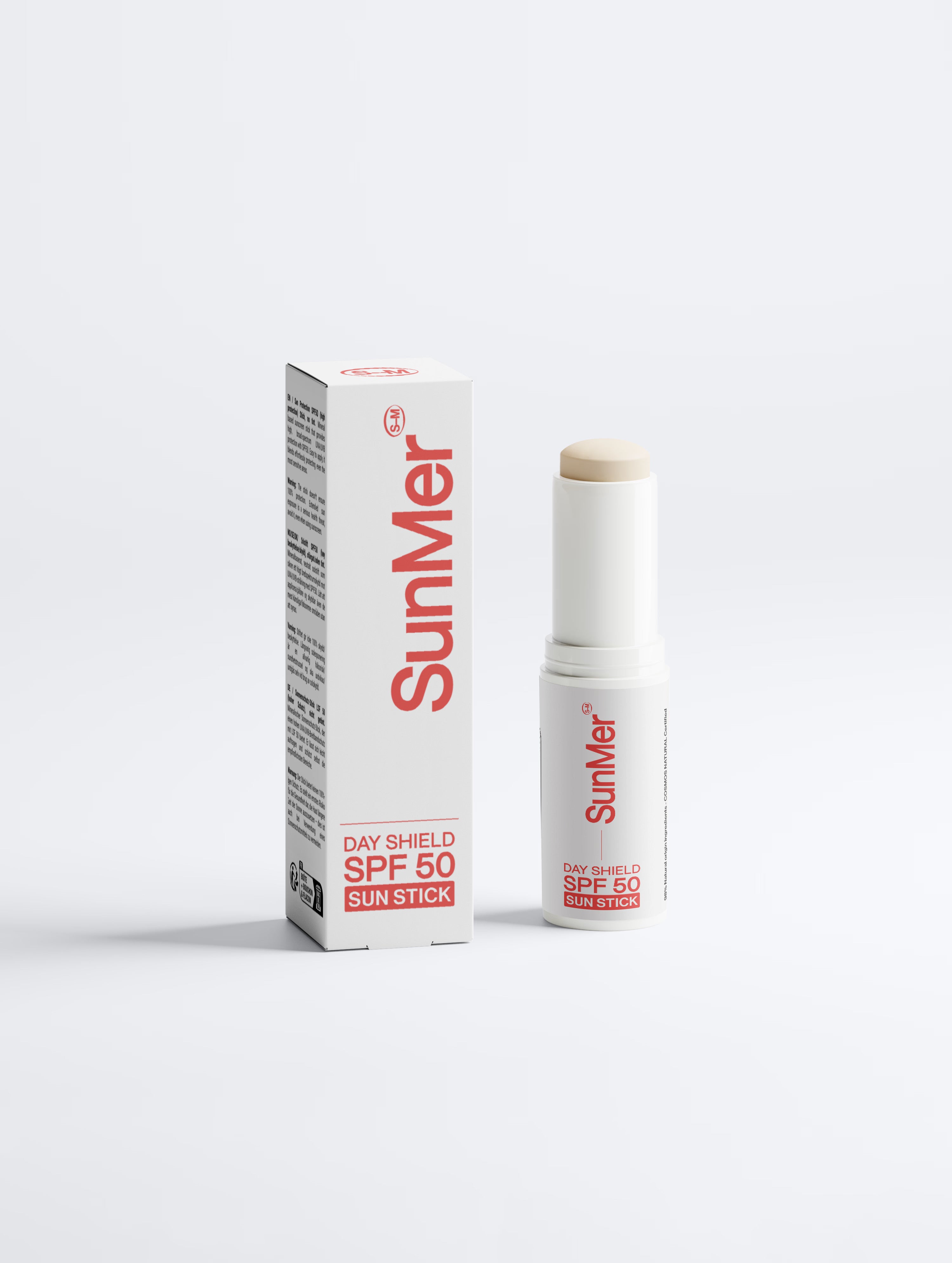 SunMer Day Shield SPF 50 sun stick and packaging on a white background